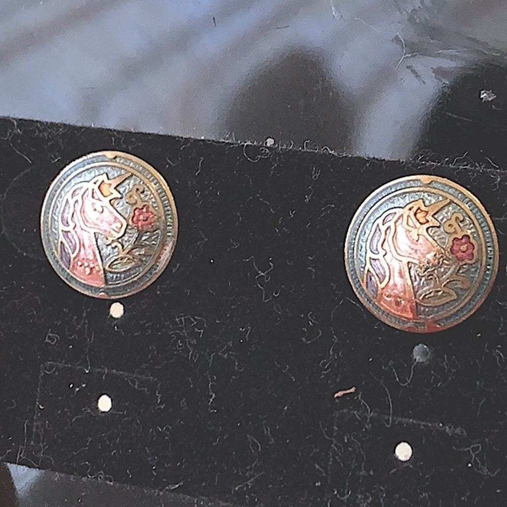 HP✨RARE Antique1970’s Cloisonné Jewelry Set, Mystical Unicorn Locket+Earring Set - Picture 10 of 17